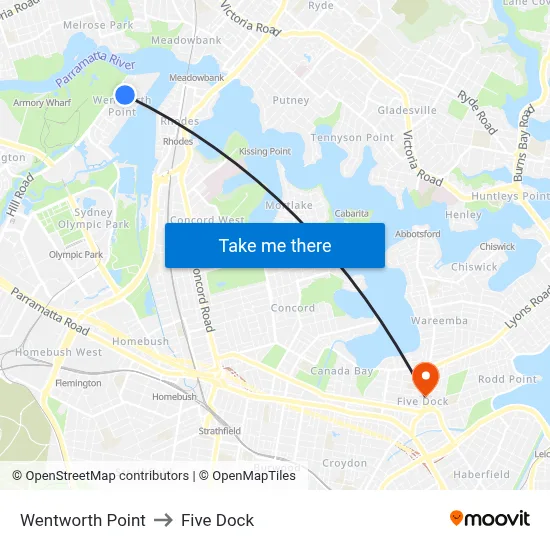 Wentworth Point to Five Dock map
