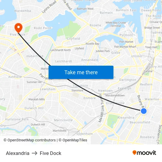 Alexandria to Five Dock map