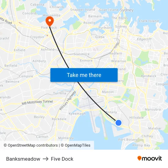 Banksmeadow to Five Dock map