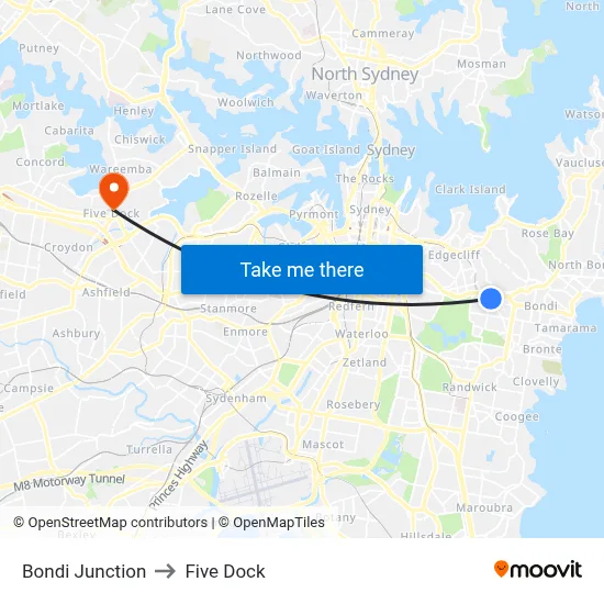 Bondi Junction to Five Dock map