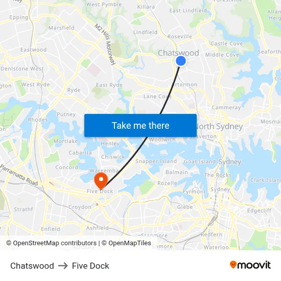 Chatswood to Five Dock map
