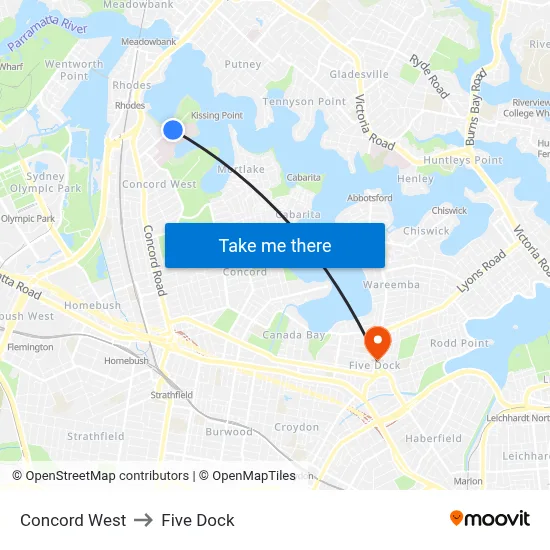 Concord West to Five Dock map