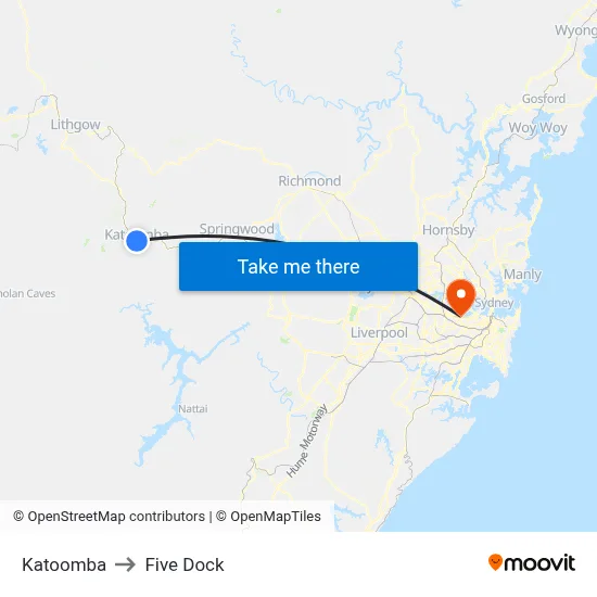 Katoomba to Five Dock map