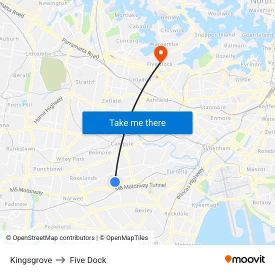 Kingsgrove to Five Dock map
