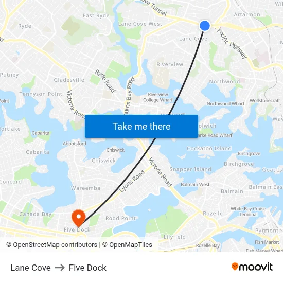 Lane Cove to Five Dock map
