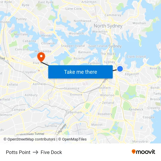 Potts Point to Five Dock map