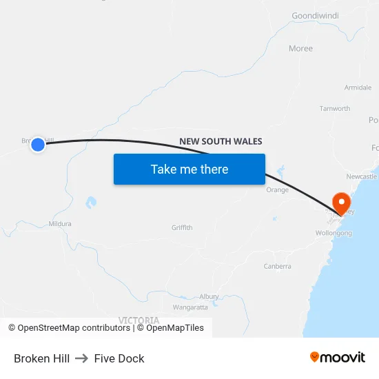 Broken Hill to Five Dock map