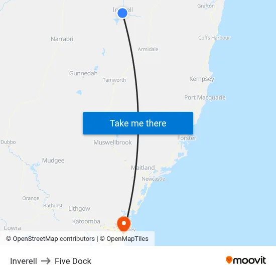 Inverell to Five Dock map