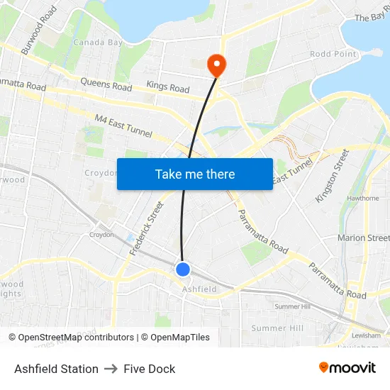 Ashfield Station to Five Dock map