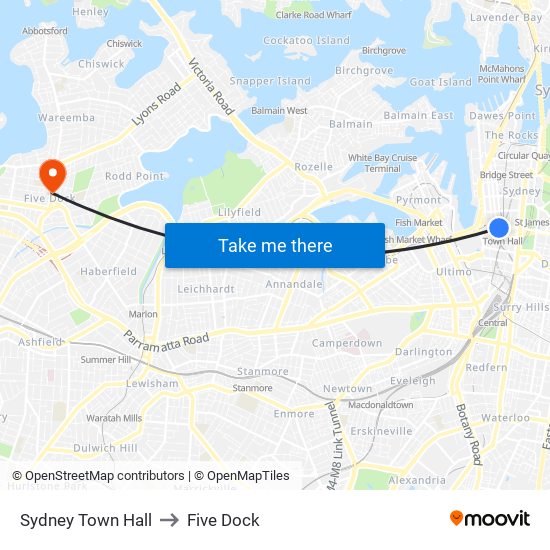 Sydney Town Hall to Five Dock map