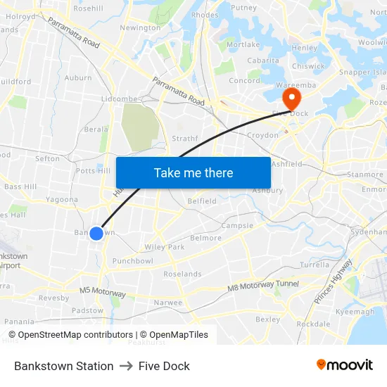 Bankstown Station to Five Dock map