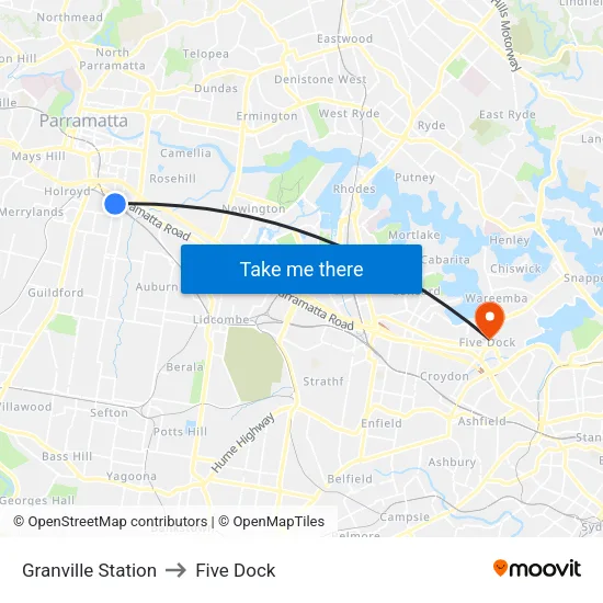 Granville Station to Five Dock map