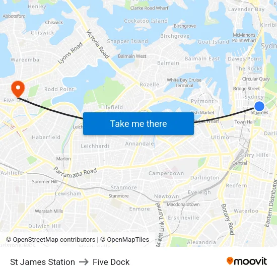 St James Station to Five Dock map