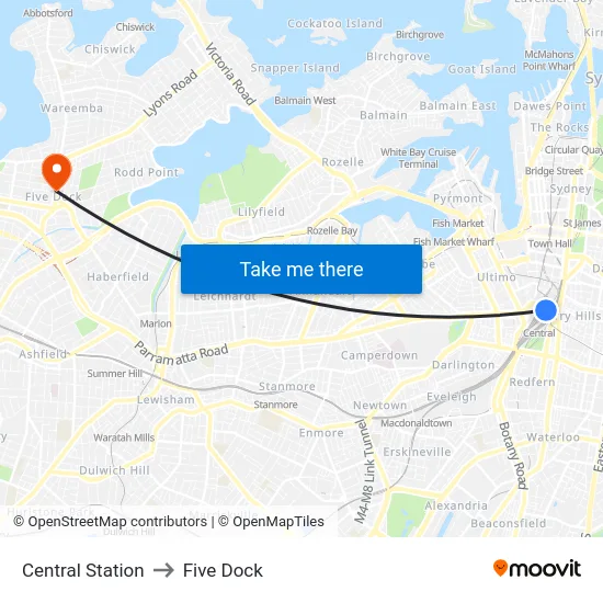 Central Station to Five Dock map