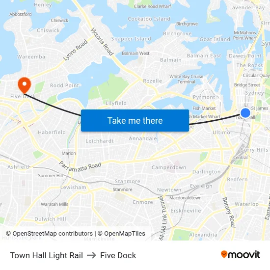 Town Hall Light Rail to Five Dock map
