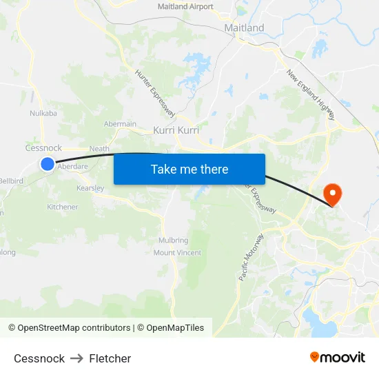 Cessnock to Fletcher map