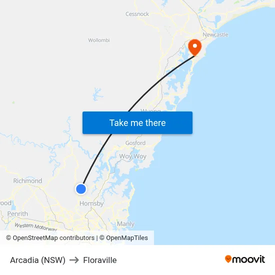 Arcadia (NSW) to Floraville map