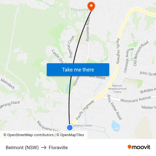 Belmont (NSW) to Floraville map