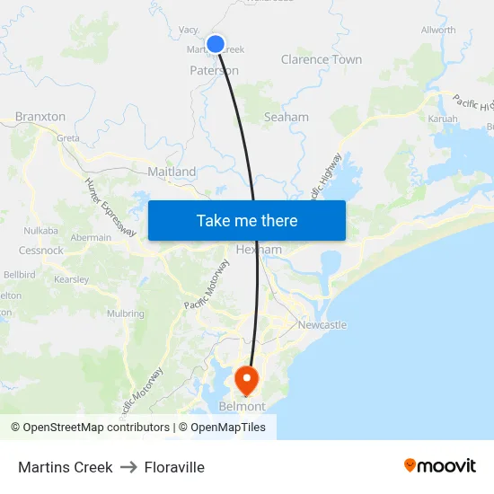 Martins Creek to Floraville map