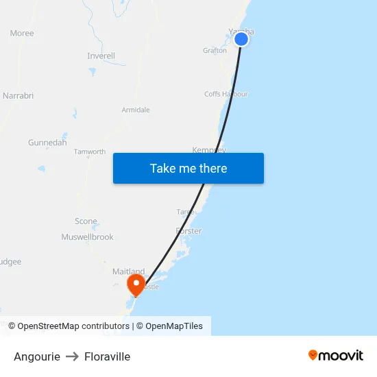 Angourie to Floraville map