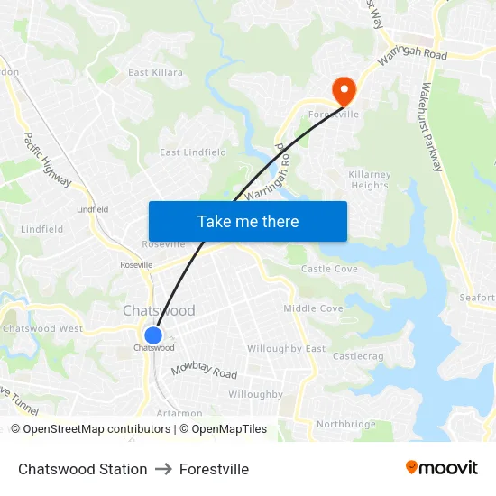 Chatswood Station to Forestville map