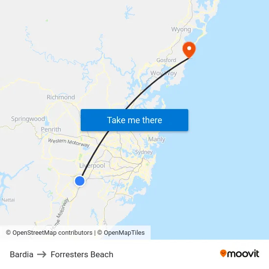 Bardia to Forresters Beach map