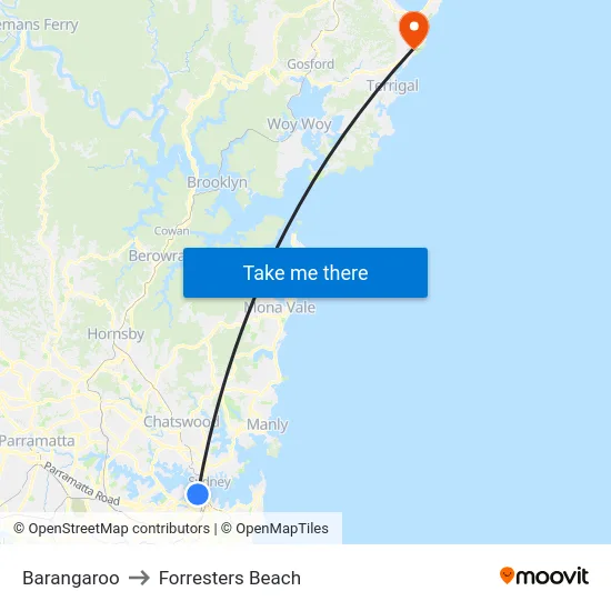 Barangaroo to Forresters Beach map