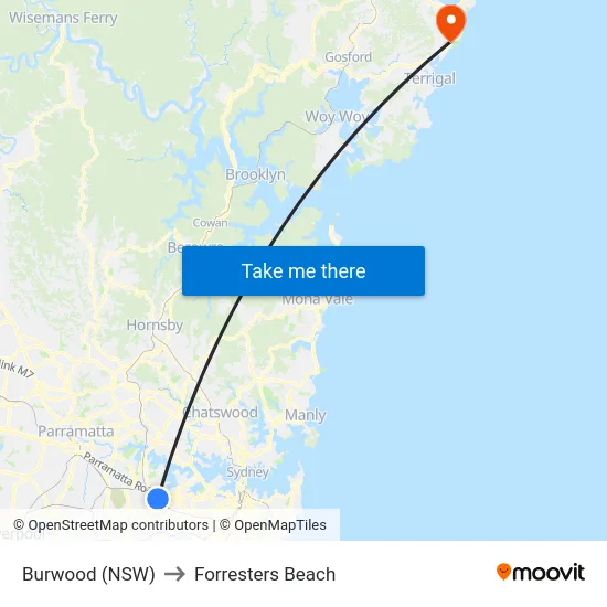 Burwood (NSW) to Forresters Beach map