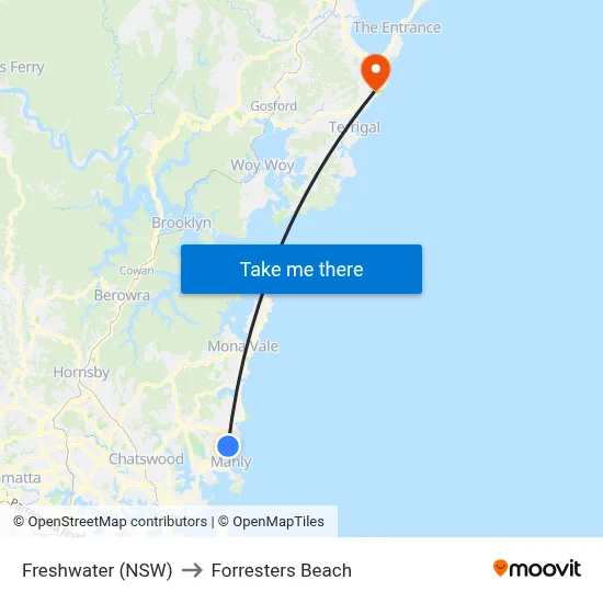 Freshwater (NSW) to Forresters Beach map