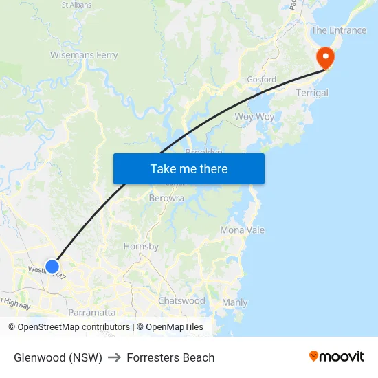 Glenwood (NSW) to Forresters Beach map