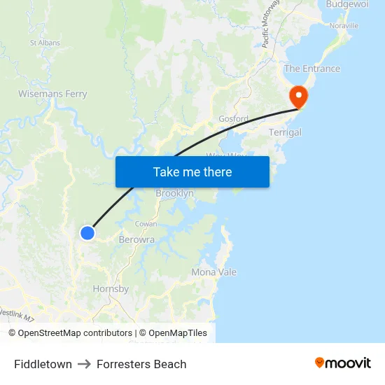 Fiddletown to Forresters Beach map