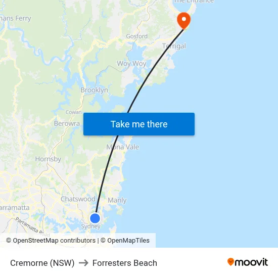 Cremorne (NSW) to Forresters Beach map