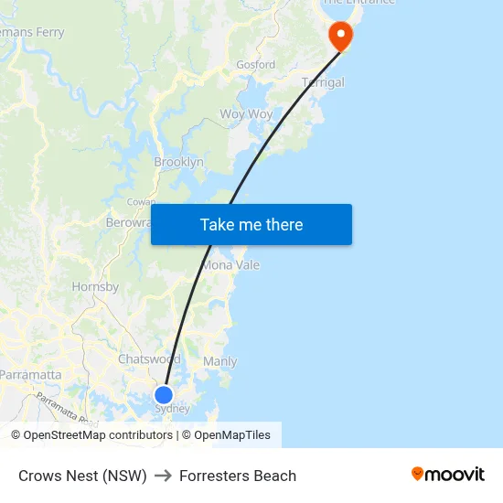 Crows Nest (NSW) to Forresters Beach map