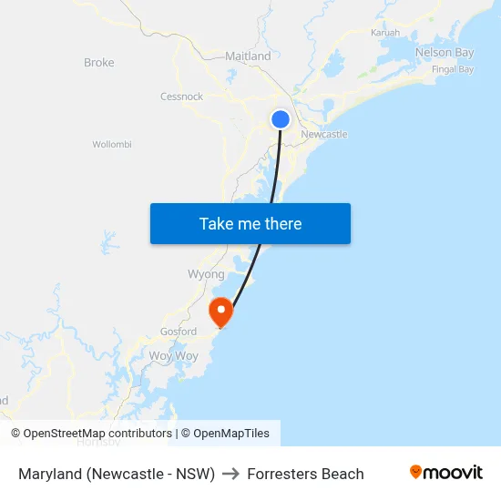 Maryland (Newcastle - NSW) to Forresters Beach map