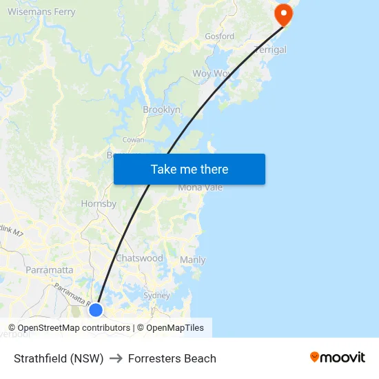 Strathfield (NSW) to Forresters Beach map