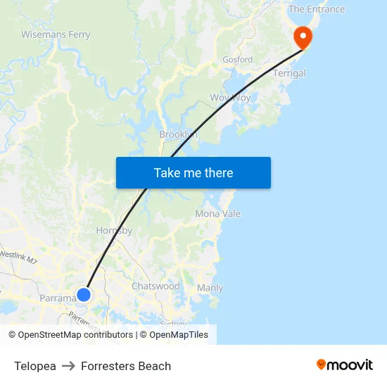Telopea to Forresters Beach map