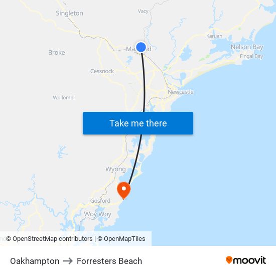 Oakhampton to Forresters Beach map