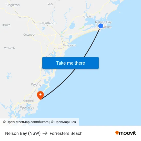 Nelson Bay (NSW) to Forresters Beach map