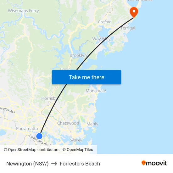 Newington (NSW) to Forresters Beach map