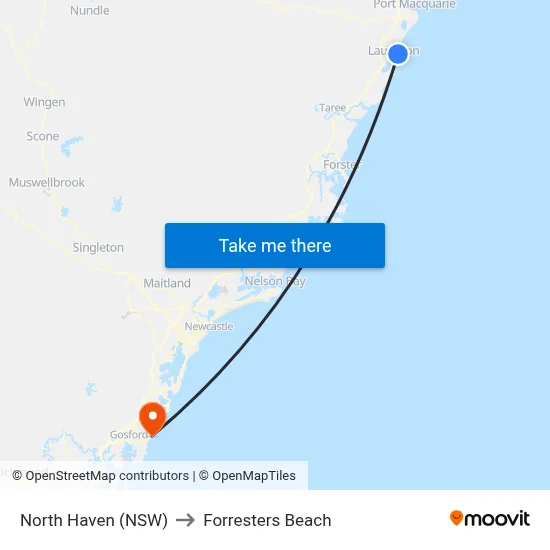 North Haven (NSW) to Forresters Beach map