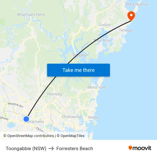 Toongabbie (NSW) to Forresters Beach map