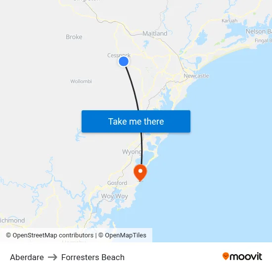 Aberdare to Forresters Beach map