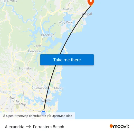 Alexandria to Forresters Beach map