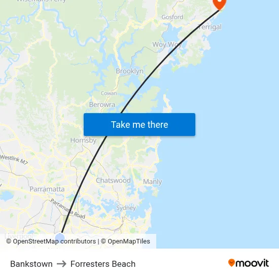 Bankstown to Forresters Beach map