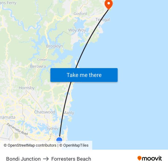 Bondi Junction to Forresters Beach map