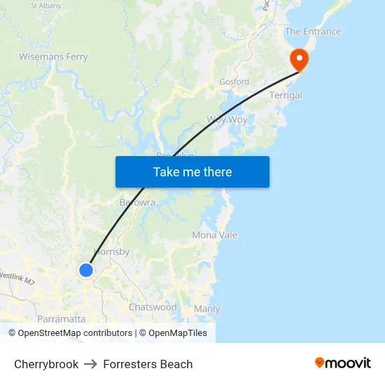 Cherrybrook to Forresters Beach map