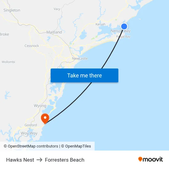 Hawks Nest to Forresters Beach map