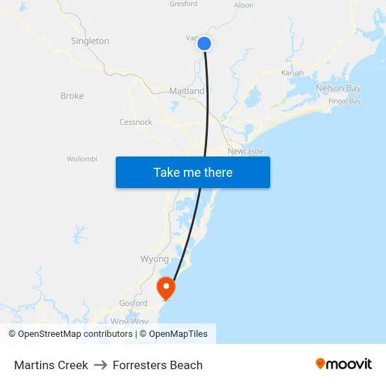 Martins Creek to Forresters Beach map