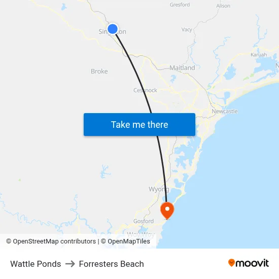 Wattle Ponds to Forresters Beach map
