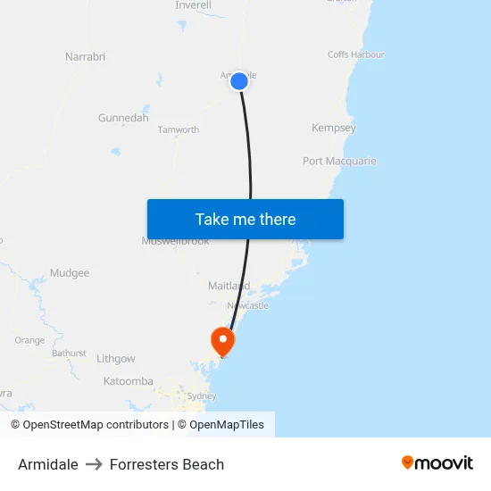 Armidale to Forresters Beach map